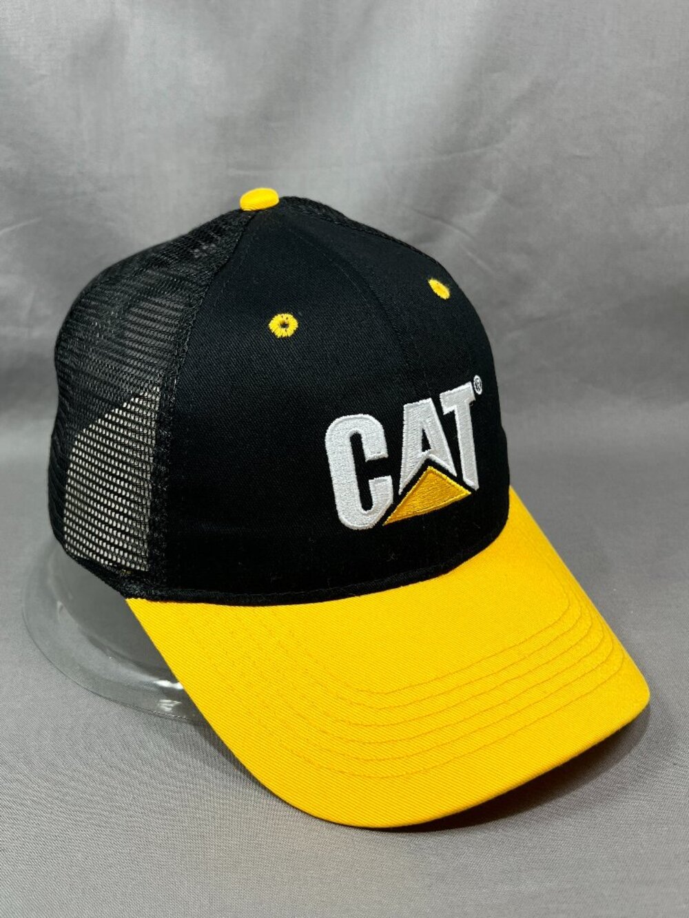 CAT Caterpillar Equipment Mesh Trucker Hat 2 Tone Yellow Black Mens Snapback Cap